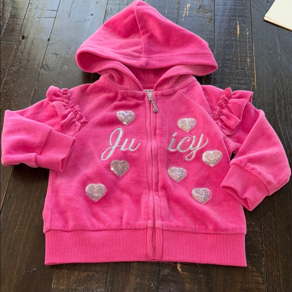 🎀6/9m Juicy Couture Pink Kids Hoodie with silver hearts, sequins velvet